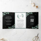 Greenery Gold Eucalyptus Black QR Code Weddenschap Drieluik Uitnodiging (Binnen)