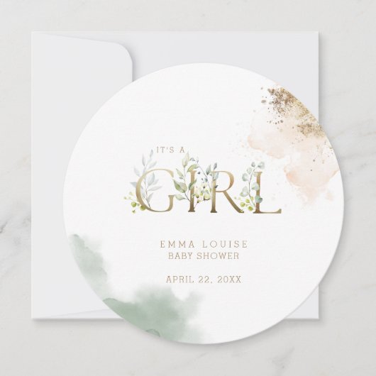 Greenery Gold Eucalyptus Het is een meisje Baby sh Kaart (Voorkant)