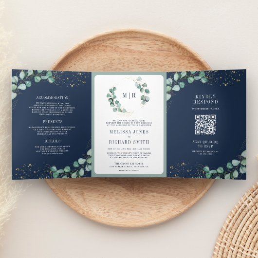 Greenery Gold Eucalyptus Navy Blue QR Code Weddens Drieluik Uitnodiging