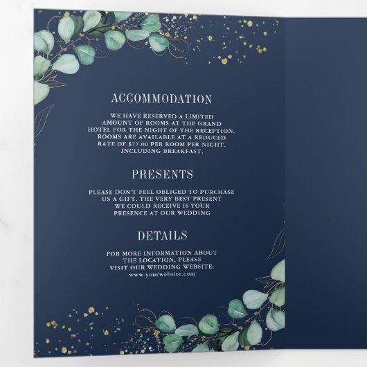 Greenery Gold Eucalyptus Navy Blue QR Code Weddens Drieluik Uitnodiging (Binnenzijde eerst)