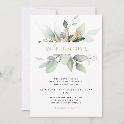 Greenery & Gold Eucalyptus Wedding Kaart (Voorkant)