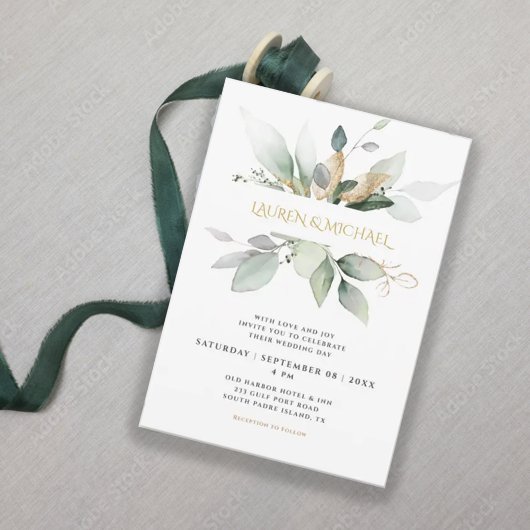 Greenery & Gold Eucalyptus Wedding Kaart