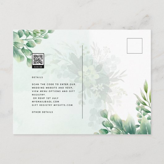 Greenery Gold Eucalyptus WEDDING QR CODE Modern Briefkaart (Achterkant)