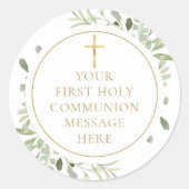 Greenery Gold First Heilige Commune Message Ronde Sticker (Voorkant)