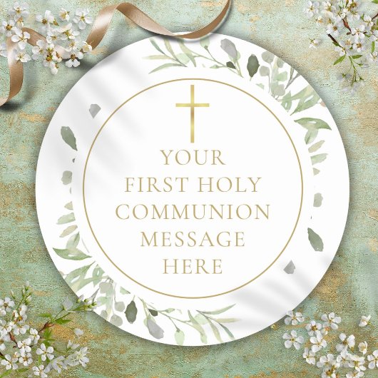 Greenery Gold First Heilige Commune Message Ronde Sticker