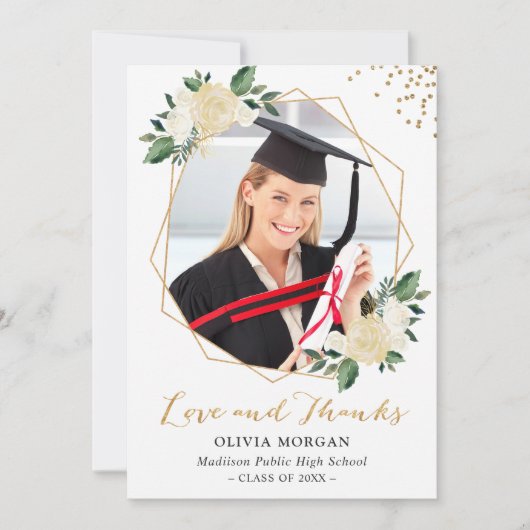Greenery Gold Floral Afstuderen Foto bedankt Kaart (Voorkant)