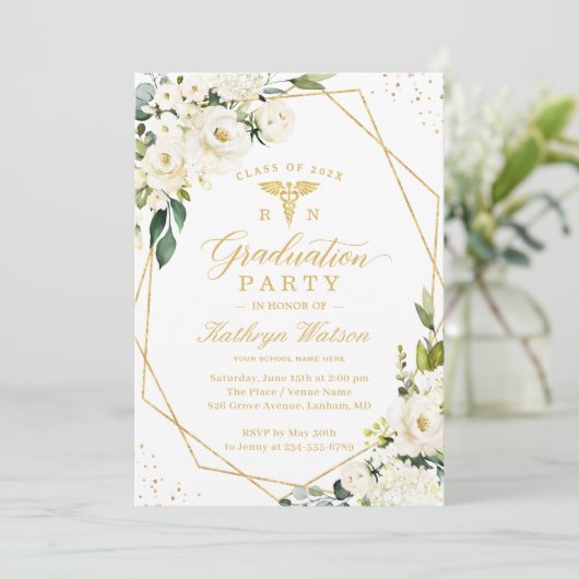 Greenery Gold Floral Medical Logo Afstuderen Kaart (Staand voorkant)