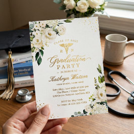 Greenery Gold Floral Nursing School Afstuderen Folie Uitnodiging