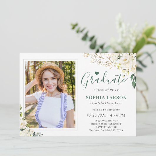 Greenery Gold Floral Photo Afstuderen Celebration Kaart (Staand voorkant)