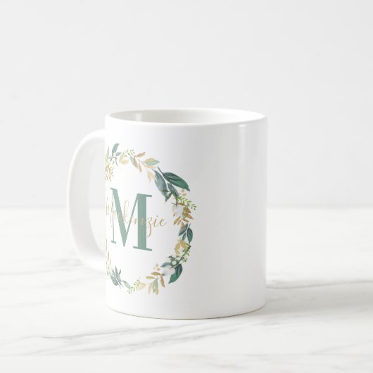 Greenery Gold Floral WreatCustom Monogram Koffiemok (Voorkant links)