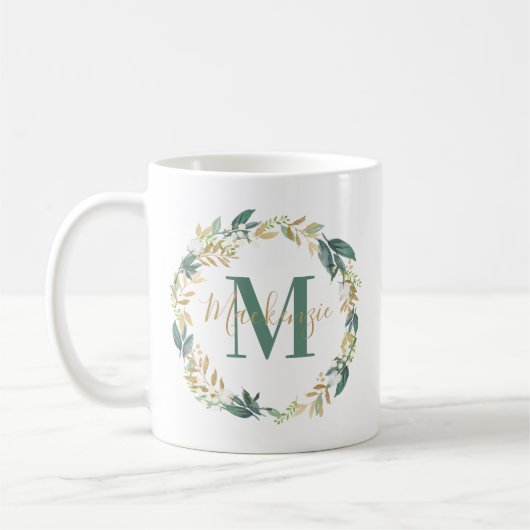 Greenery Gold Floral WreatCustom Monogram Koffiemok (Links)