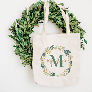 Greenery Gold Floral WreatCustom Monogram Tote Bag