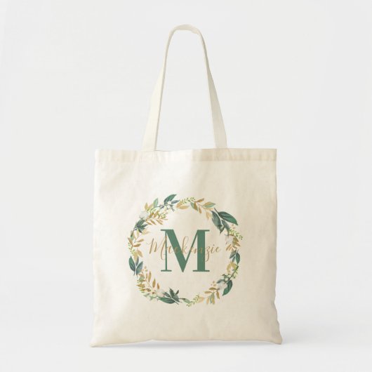 Greenery Gold Floral WreatCustom Monogram Tote Bag (Voorkant)