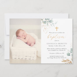 Greenery Gold Foil Baptism Invitation met foto Kaart