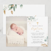 Greenery Gold Foil Baptism Invitation met foto Kaart (Voorkant / Achterkant)
