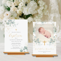 Greenery Gold Foil Baptism Invitation met foto