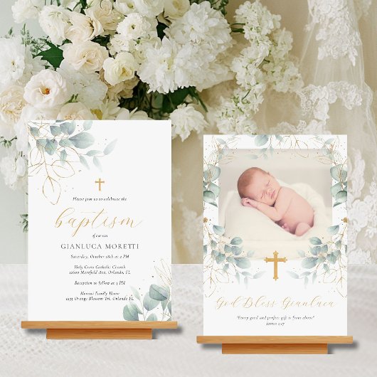 Greenery Gold Foil Baptism Invitation met foto Kaart