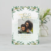 Greenery Gold Foil FOTO QR CODE Wedding Save Date Folie Uitnodiging (Staand Voorkant)