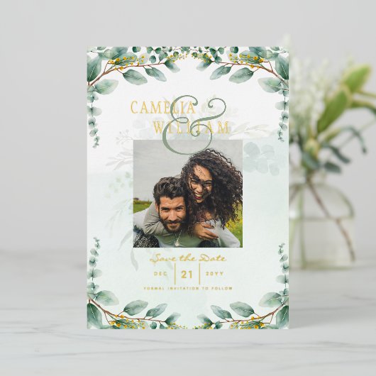 Greenery Gold Foil FOTO QR CODE Wedding Save Date Folie Uitnodiging (Staand Voorkant)