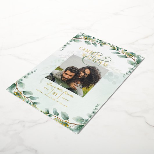 Greenery Gold Foil FOTO QR CODE Wedding Save Date Folie Uitnodiging (Gedraaid)
