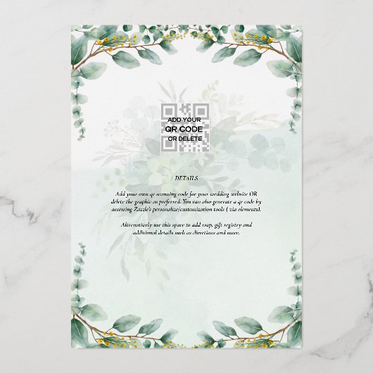 Greenery Gold Foil FOTO QR CODE Wedding Save Date Folie Uitnodiging (Achterkant)