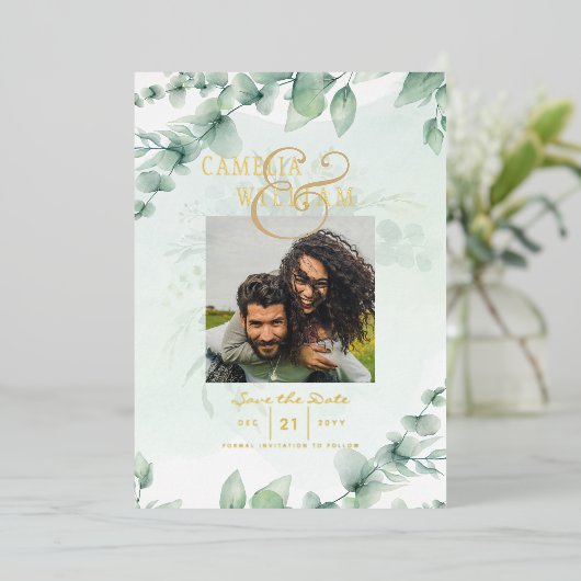 Greenery Gold Foil FOTO QR CODE Wedding Save Date Folie Uitnodiging (Staand Voorkant)