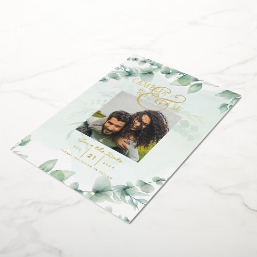 Greenery Gold Foil FOTO QR CODE Wedding Save Date Folie Uitnodiging (Gedraaid)