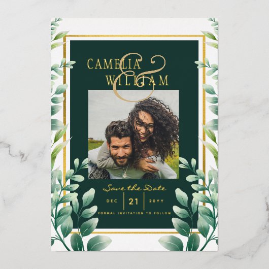 Greenery Gold Foil FOTO QR CODE Wedding Save Date Folie Uitnodiging (Voorkant)