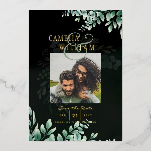 Greenery Gold Foil FOTO QR CODE Wedding Save Date Folie Uitnodiging (Voorkant)
