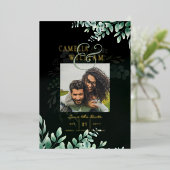 Greenery Gold Foil FOTO QR CODE Wedding Save Date Folie Uitnodiging (Staand Voorkant)