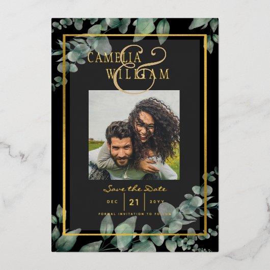 Greenery Gold Foil FOTO QR CODE Wedding Save Date Folie Uitnodiging (Voorkant)
