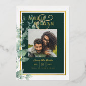 Greenery Gold Foil FOTO QR CODE Wedding Save Date Folie Uitnodiging (Voorkant)