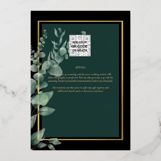 Greenery Gold Foil FOTO QR CODE Wedding Save Date Folie Uitnodiging (Achterkant)