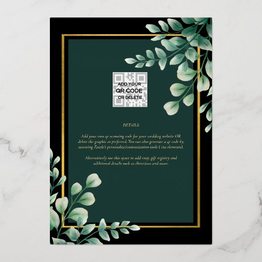Greenery Gold Foil FOTO QR CODE Wedding Save Date Folie Uitnodiging (Achterkant)