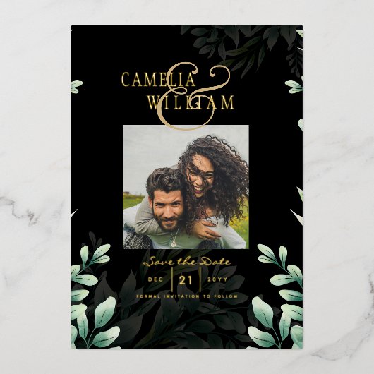 Greenery Gold Foil FOTO QR CODE Wedding Save Date Folie Uitnodiging (Voorkant)