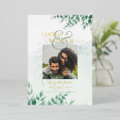 Greenery Gold Foil FOTO QR CODE Wedding Save Date Folie Uitnodiging (Staand Voorkant)