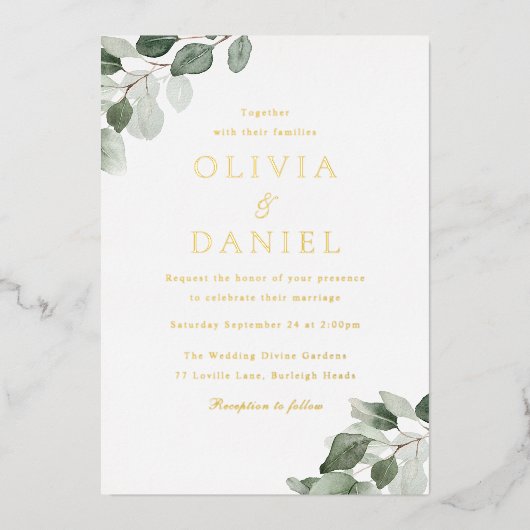 Greenery & Gold Folie Wedding Folie Uitnodiging (Voorkant)