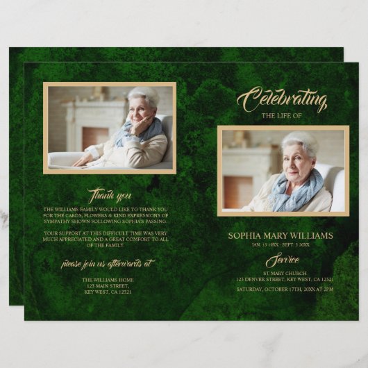 Greenery & Gold Funeral Program | Dienstenvolgorde (Voorkant / Achterkant)