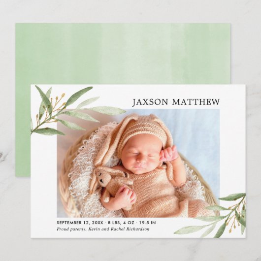 Greenery Gold gender-neutrale geboorteaankondiging (Voorkant / Achterkant)