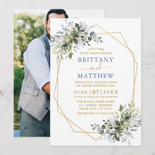 Greenery Gold Geo Lijst Dusty Blue Photo Wedding Kaart (Voorkant / Achterkant)