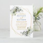 Greenery Gold Geo Lijst Dusty Blue Wedding Kaart (Staand voorkant)