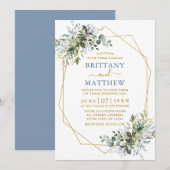 Greenery Gold Geo Lijst Dusty Blue Wedding Kaart (Voorkant / Achterkant)