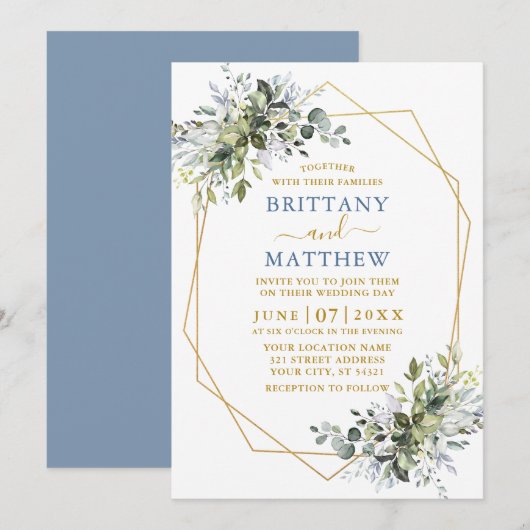 Greenery Gold Geo Lijst Dusty Blue Wedding Kaart (Voorkant / Achterkant)