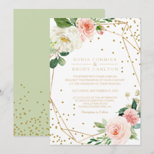 Greenery & Gold Geometric Elegant Floral Wedding Kaart