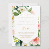 Greenery & Gold Geometric Elegant Floral Wedding Kaart (Voorkant)