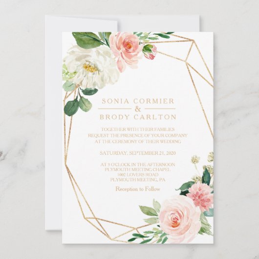 Greenery & Gold Geometric Elegant Floral Wedding Kaart (Voorkant)