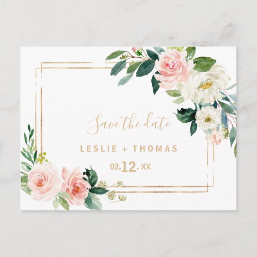 Greenery & Gold Geometric Elegant Save the Date Briefkaart (Voorkant)