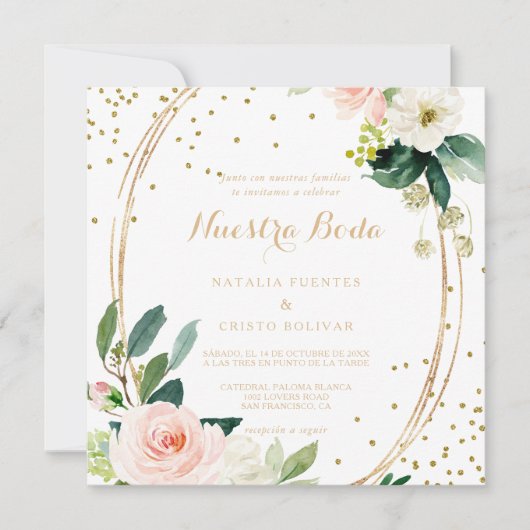 Greenery & Gold Geometric Elegant Spain Wedding Kaart (Voorkant)