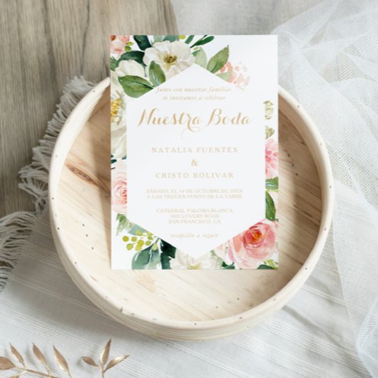 Greenery & Gold Geometric Elegant Spain Wedding Kaart