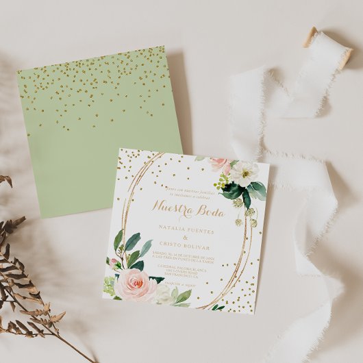 Greenery & Gold Geometric Elegant Spain Wedding Kaart